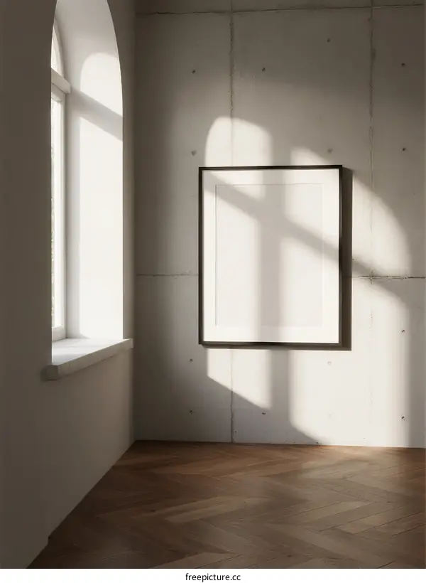 Minimalist room with white wall, framed picture, and natural light
