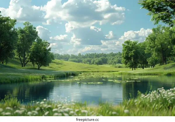 Tranquil Countryside Pond with Greenery and Open Sky