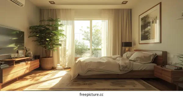 Bedroom interior design with large windows and a balcony