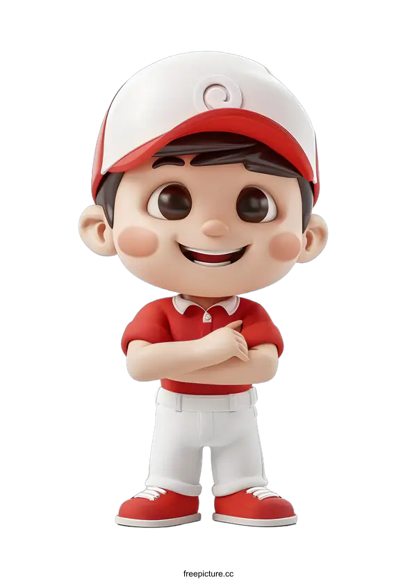 [Transparent Background PNG]A 3D rendering of a young boy wearing a red and white baseball cap and a red shirt.