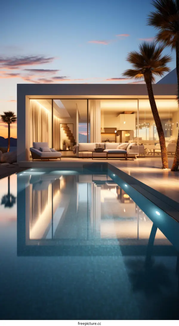 Modern house exterior with pool and palm trees