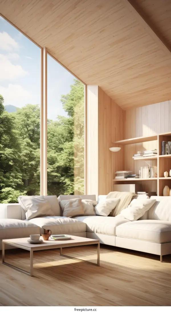 A cozy living room with a large window looking out onto a forest