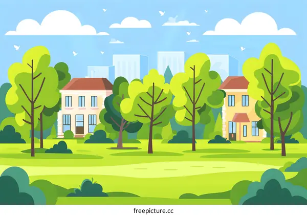 Green City Park with Houses and Trees