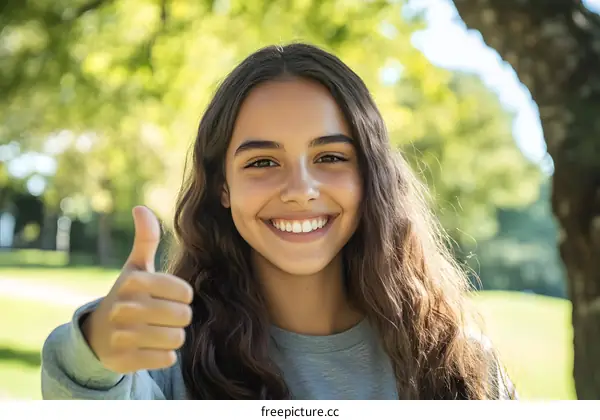 Happy Young Woman Giving Thumbs Up in Park
