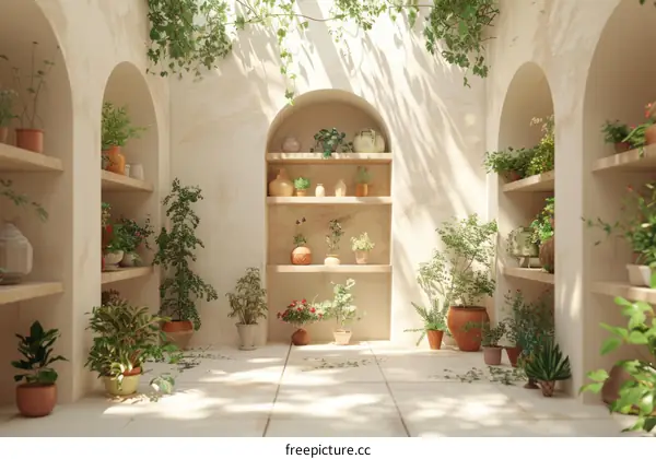 Indoor plants and flowers in a sunlit courtyard