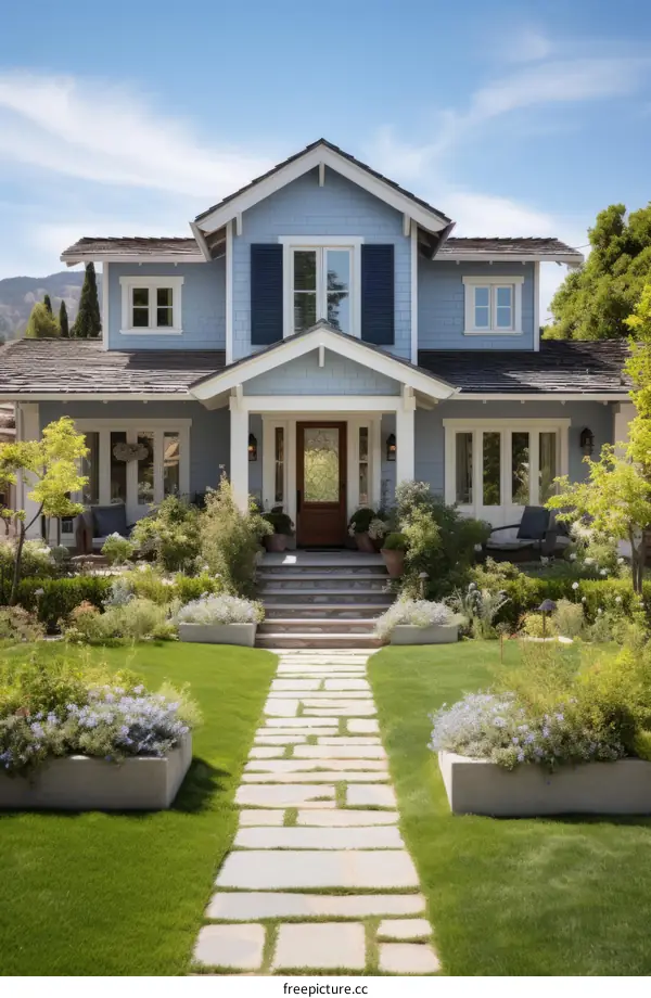 Blue Craftsman Style House with Stone Walkway
