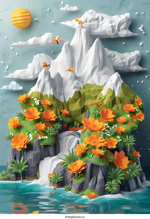 3D illustration of a mountain landscape with orange flowers
