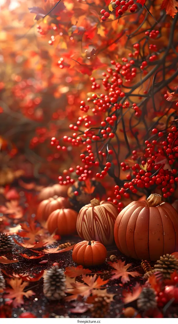 Red leaves and pumpkins in autumn