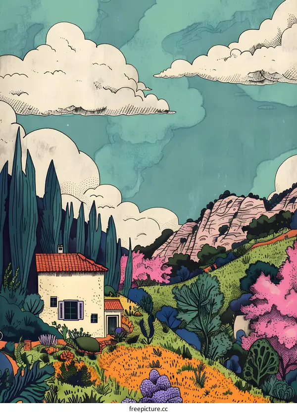 Illustrated Landscape with a House and Mountains