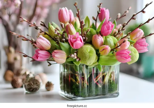 Spring Pink Tulip and Chrysanthemum Floral Arrangement
