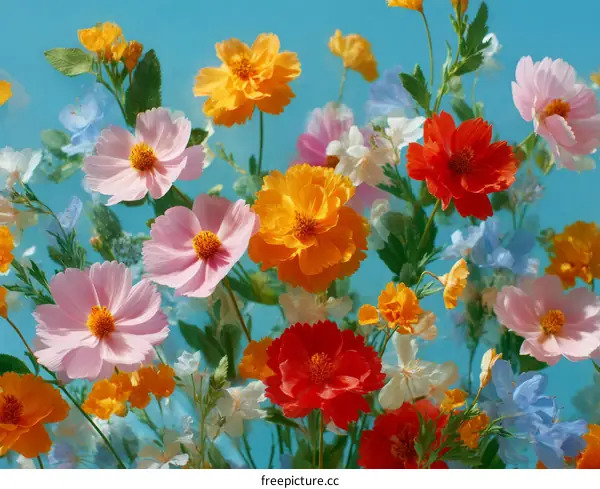 Vibrant Colorful Flower Arrangement Against a Teal Background