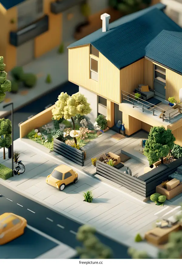 Modern Minimalist House with Yard and Garden 3D Illustration