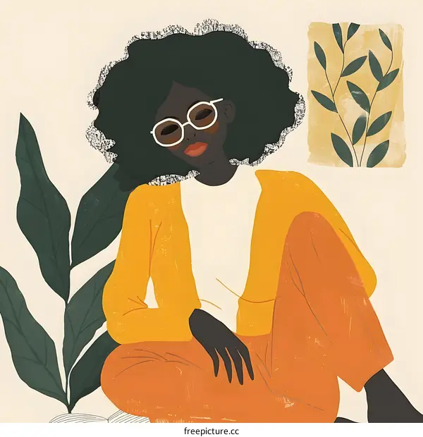 Stylish Black Woman Sitting With Plant Illustration