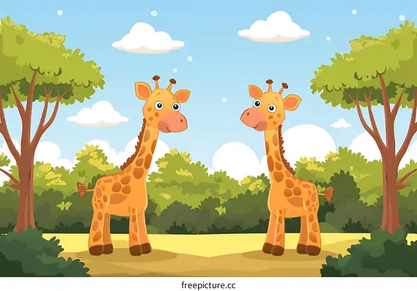 Two Cartoon Giraffes in a Forest