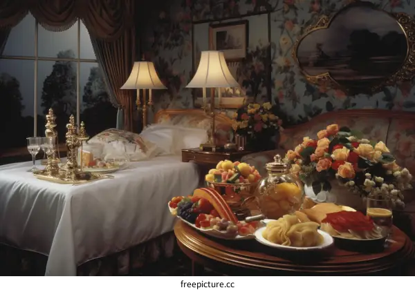 Elegant hotel room with a large bed, a sitting area, and a table with breakfast food.