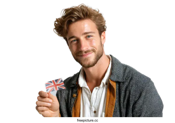 [Transparent Background PNG]Smiling Caucasian Man Holding a Union Jack Flag
