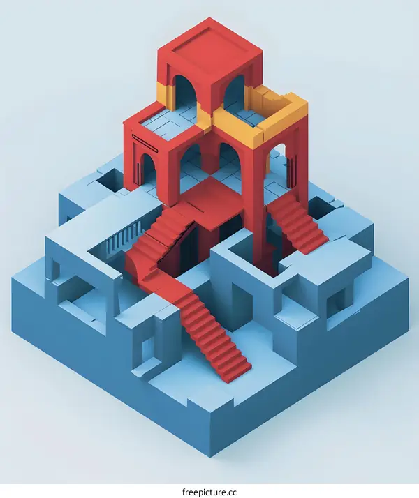 Abstract Geometric Structure With Red and Yellow Accents