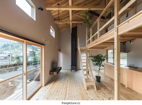 Modern Wooden House Interior Design with Open Floor Plan and Loft