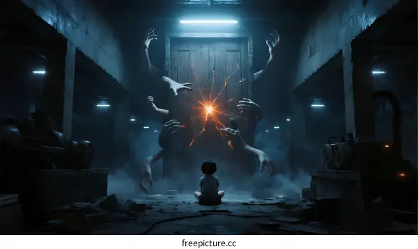 Child Sitting Facing Strange Monster Creature in Dark Room