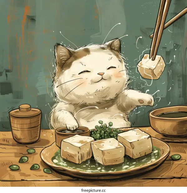 A cat is eating tofu with chopsticks