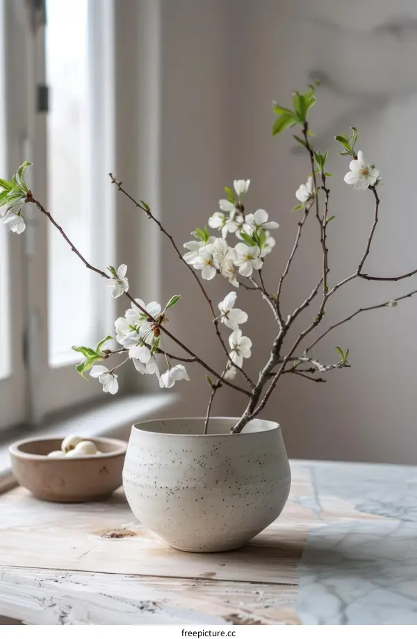 Blossoming Cherry Branches in Minimalist Ceramic Vase