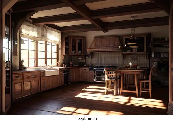 Rustic Kitchen Design with Wooden Cabinets and Beam Ceiling
