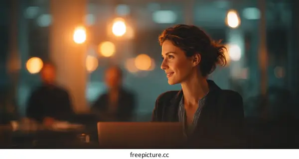 Working Late Night Woman in Cafe