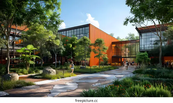 Modern office building with green courtyard