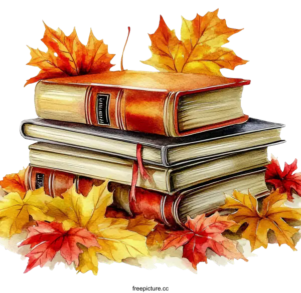 [Transparent Background PNG]Autumn Books and Leaves Illustration