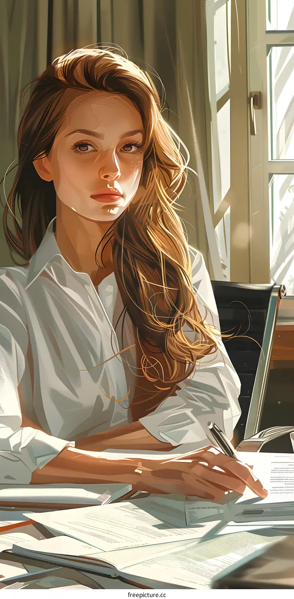 A beautiful woman is sitting at a desk and writing something