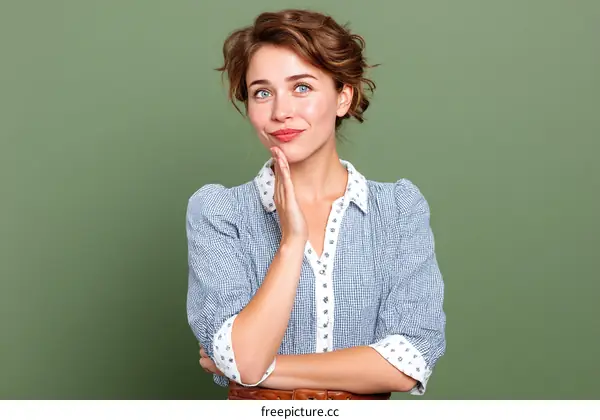 Thoughtful Woman in Vintage Style Blouse