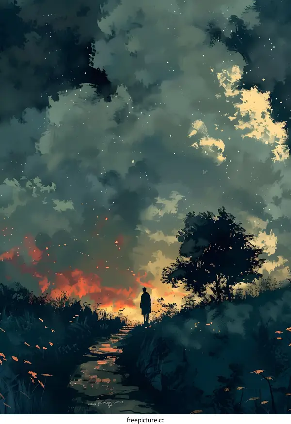 Lonely Figure Standing in a Forest with a Red Sky and Stars