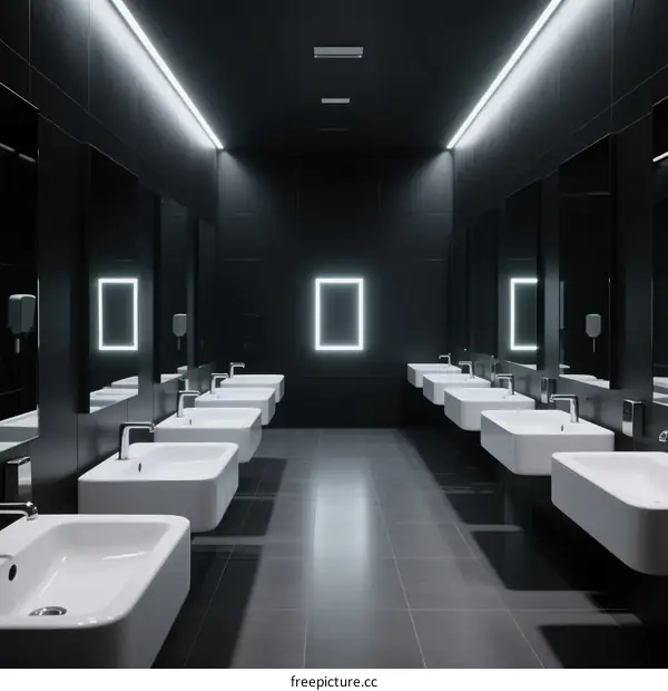 Modern public restroom with multiple white sinks and dark walls
