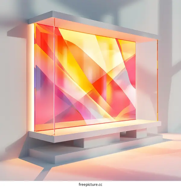 3D rendering of an abstract geometric structure made of colorful glass panels