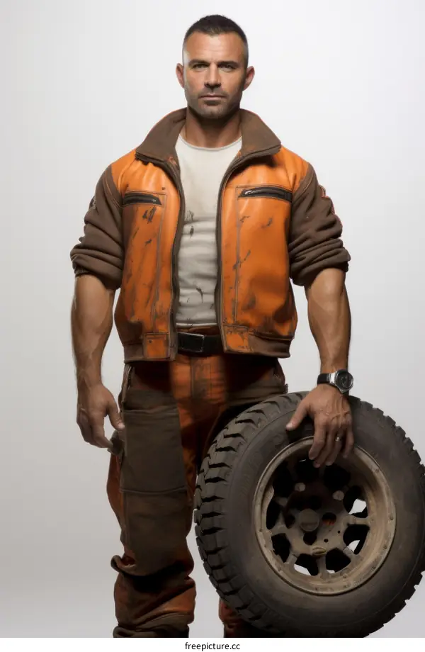 A man in an orange jacket and brown pants is holding a tire.
