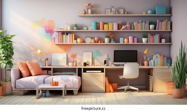 A cozy home office with a large desk, comfortable sofa, and lots of storage space