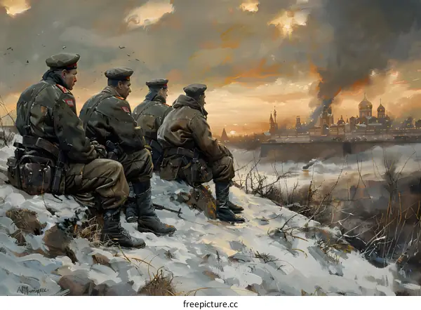 Four Soviet Soldiers Watching the Destruction of Moscow