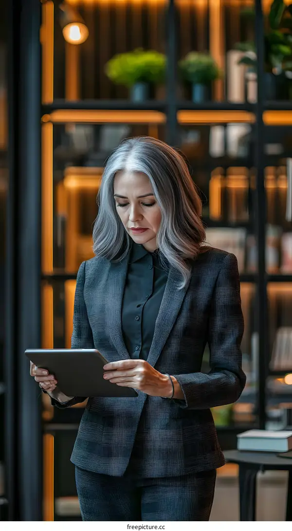 Businesswoman in a Suit Using a Tablet Device in an Office