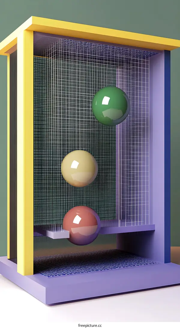 Abstract Minimalist 3D Render of Three Spheres Within a Cage
