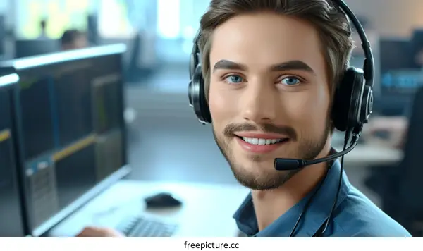 A customer service representative wearing a headset smiles at the camera while working at his desk in a call center.