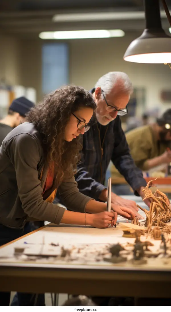 A young woman and an older man work together on a project in a dimly lit room