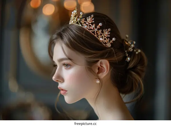 portrait of a beautiful young woman wearing a golden crown