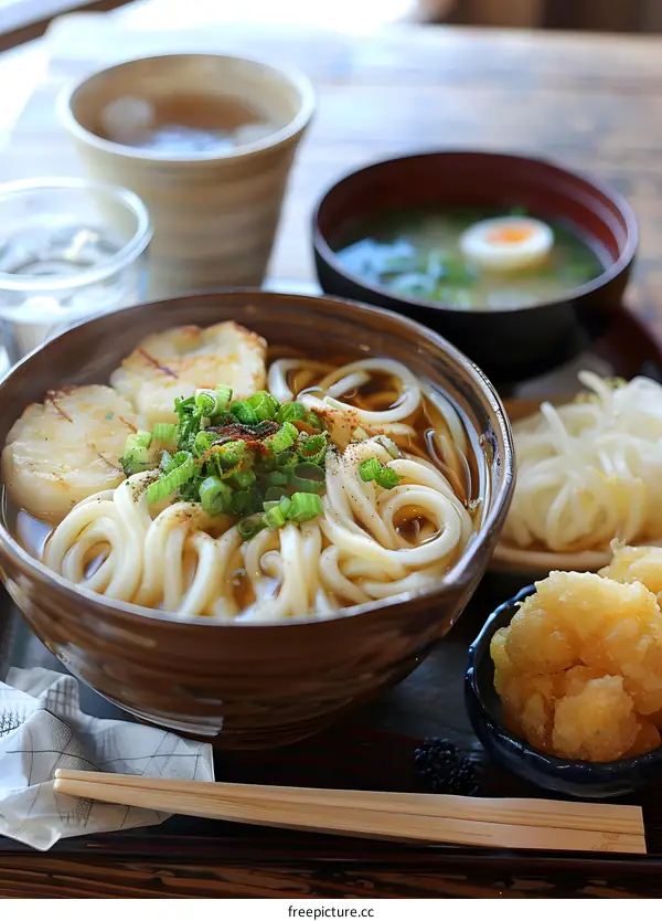 A delicious Japanese udon noodle dish with various side dishes