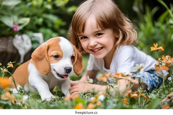 Little Girl Playing With Puppy in Garden