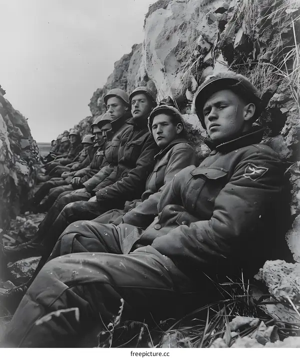 A group of soldiers sitting in a trench during World War II