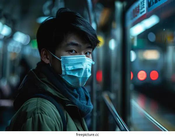 Portrait of a young Asian man wearing a mask on a subway train