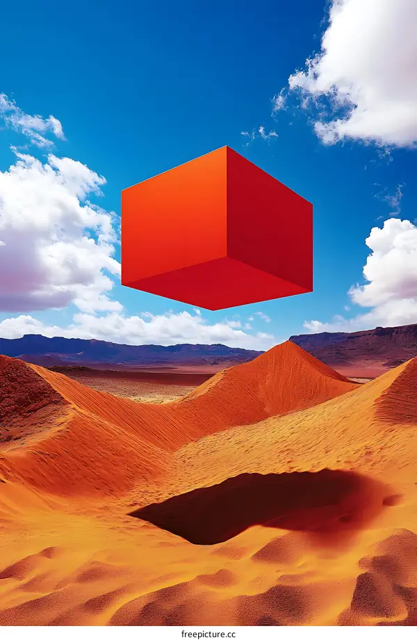 Red Cube Floating Over Desert Landscape