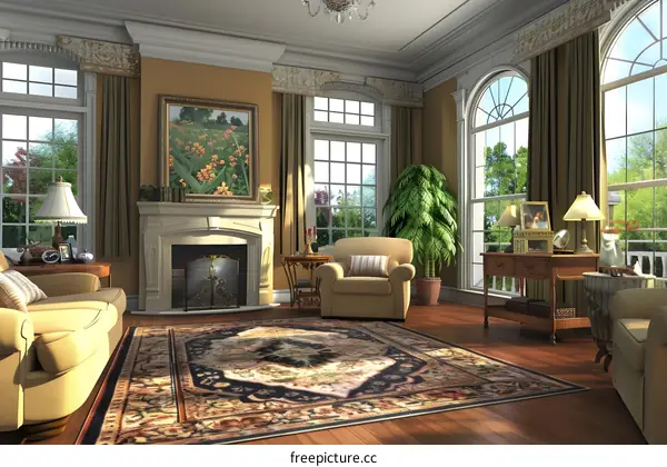 Living Room Interior Design With Fireplace And Large Windows