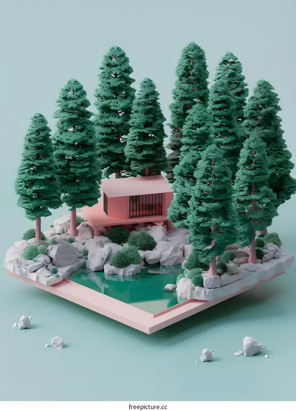 Minimalist 3D Illustration Of A Pink House In The Woods