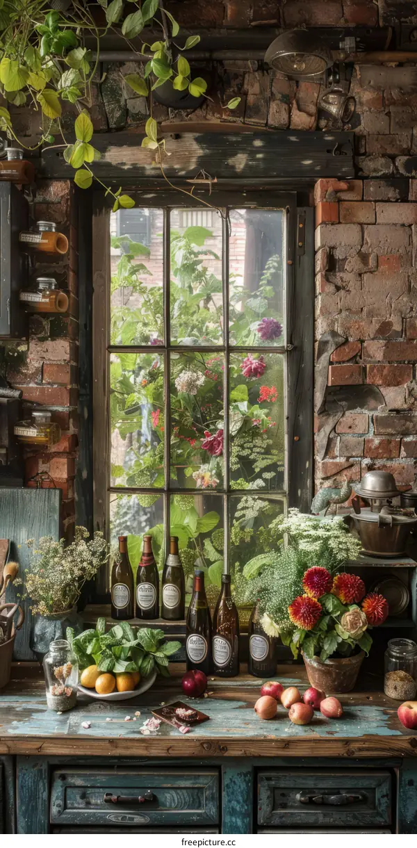 Rustic kitchen with a garden view